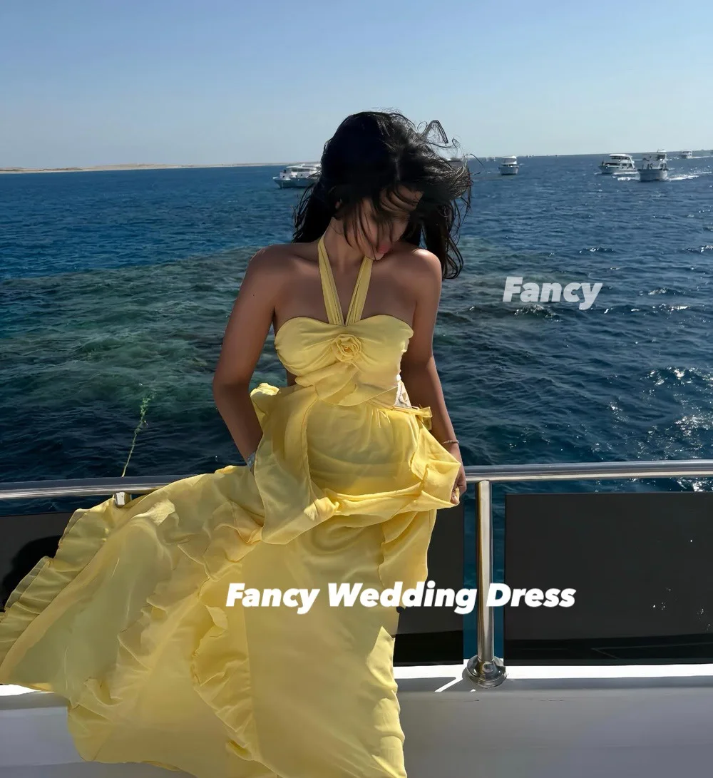 Fancy Sexy Halter Yellow Evening Dress A Line Chiffon Prom Gown Floor Length Formal Occasion Dresses Customized