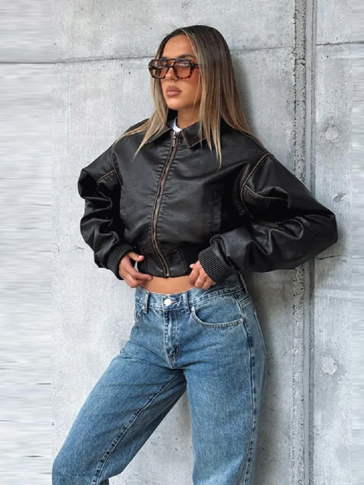 Vintage Women Leather Jackets For Women Slim Waist Lapel Long Sleeve Coats Zipper Y2k Short Streetwear 2025 New Lady Outwears