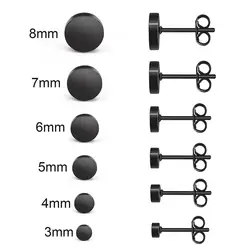 1Pair Stainless Steel Round Black Ear Studs Men 3-8mm Punk Stud Earring For Men Push Back Stud Earring For Women Jewelry