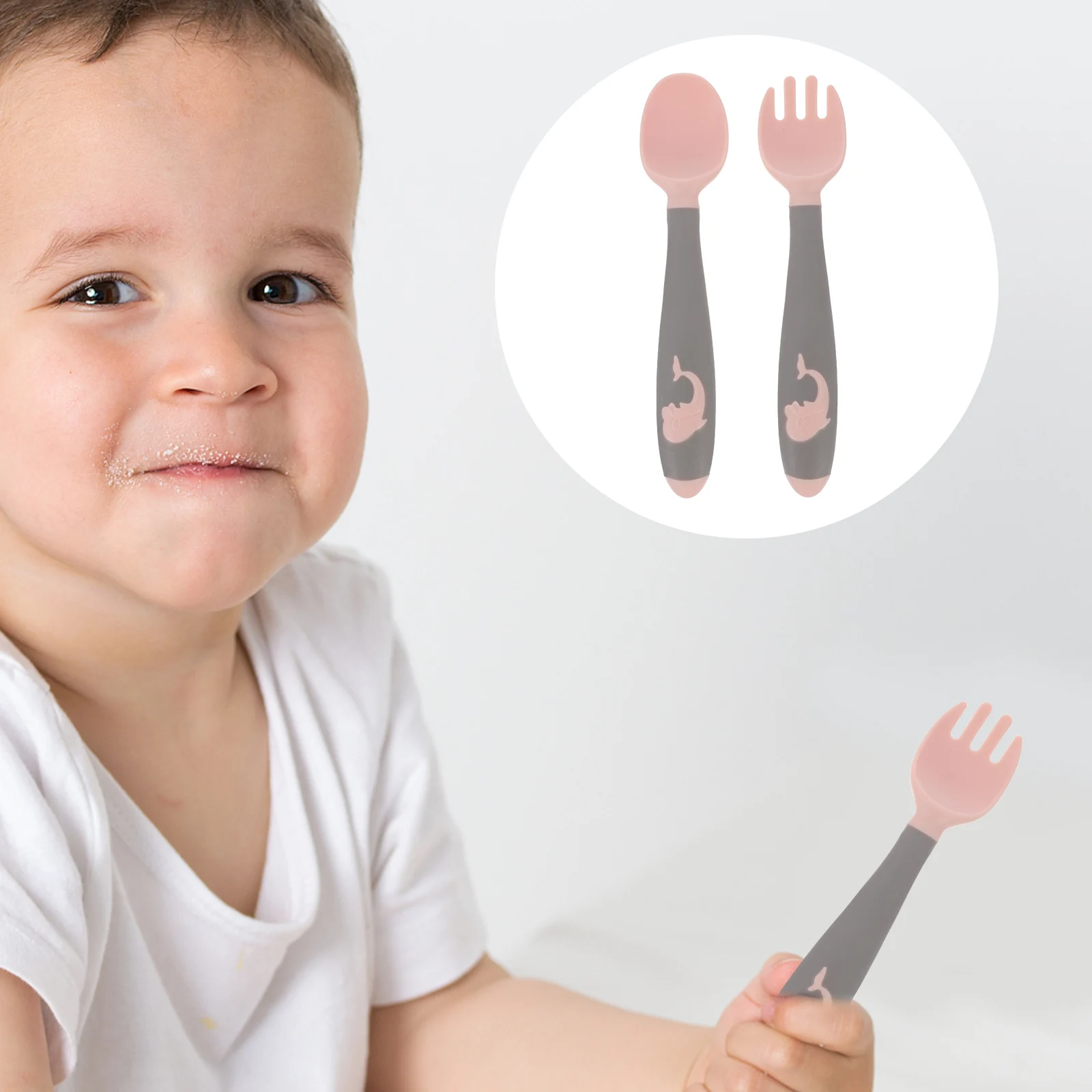 

1 Set Baby Spoon Fork Kit Silicone Toddler Utensils Food Grade Material Feeding Cutlery Set Baby Shower Gift