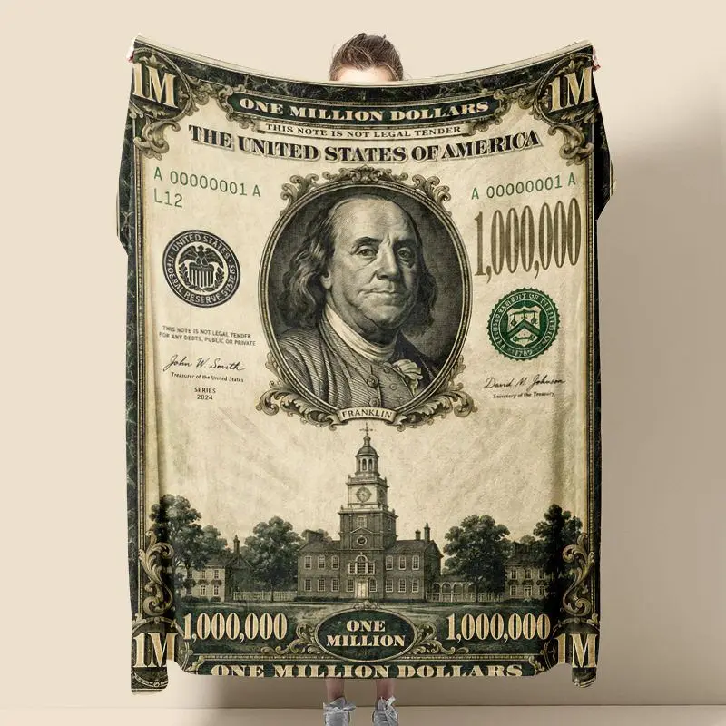 VIKAMA Green Fortune Bill Print Throw Blanket For Office Prosperity Soft Smooth Washable Decorative Novelty Lucky Home Decor