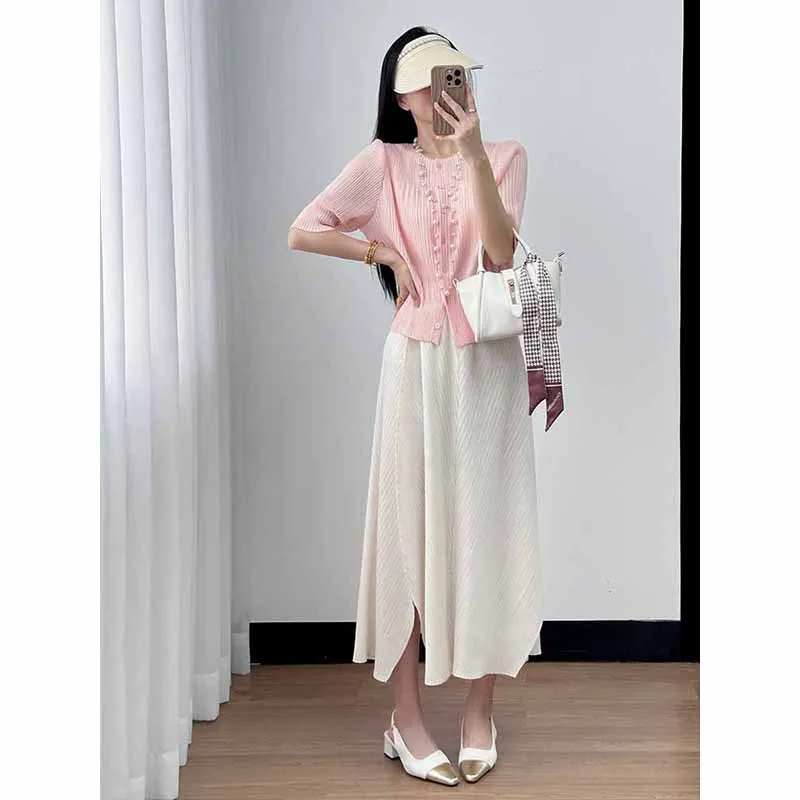 Miyake 2025 여름 신상 주름 단색 반팔 블라우스 고급 패션 캐주얼 다재다능한 단순한 기질