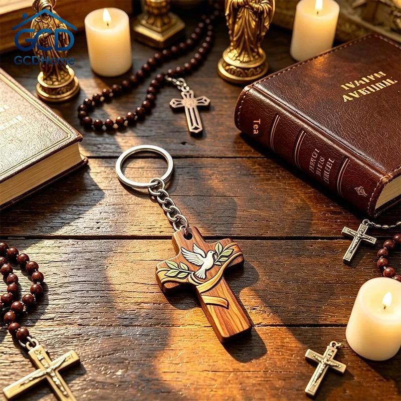 Religious Wood Cross Keychain Bulk Dove Print Organza Bags Tags for First Communion  Gifts