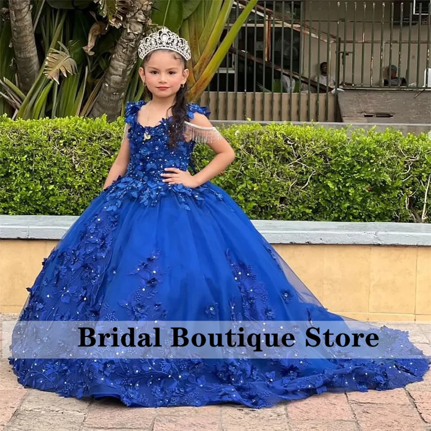 

Royal Blue Flower Girls Dress Beading Crystals Pearls Tassel Ball Gown Flowers Applique Birthday Party Gown Customized