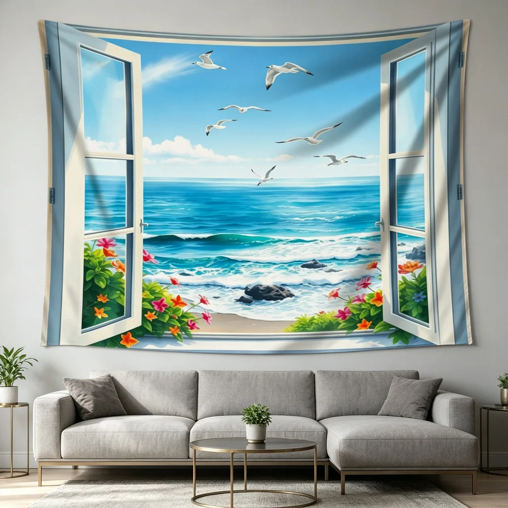 1PC Window Ocean View Print Backdrop Banner, Bedroom Living Room Photo Background, Polyester Wall Hanging, Home Decor, Wall Art