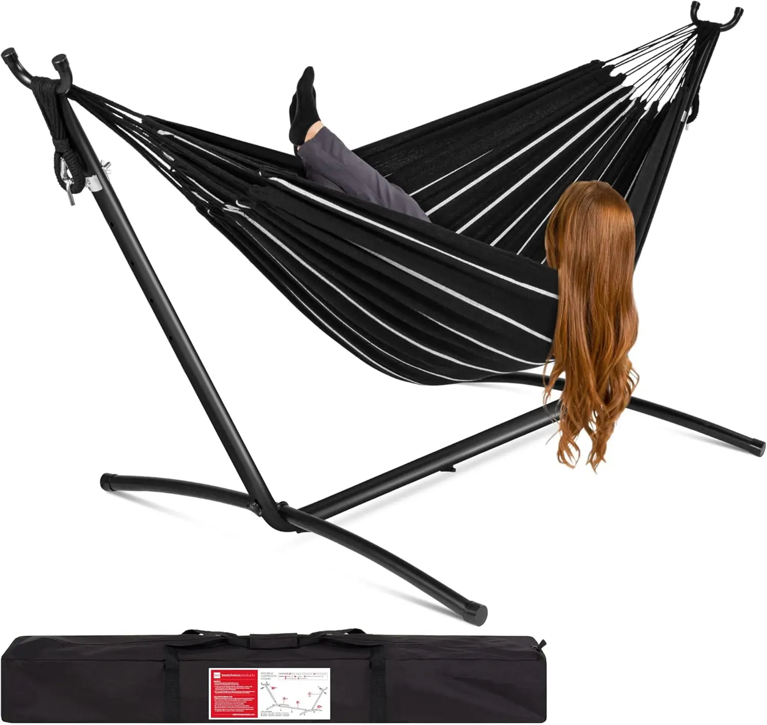 

Double Hammock with Steel Stand, Indoor Outdoor Brazilian-Style Cotton Bed w/Carrying Bag, 2-Person Capacity