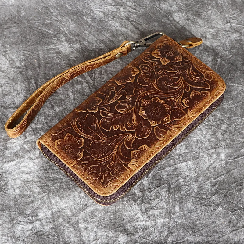 

YH3116 Men's Multifunctional Casual Wallet, Genuine Leather Zipper Handbag, Retro Embossed Top Layer Cowhide