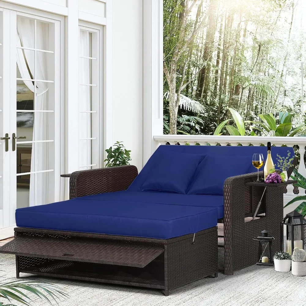 

Moccha Outdoor Daybed, Wicker Loveseat Sofa Set with 4-Postion Adjustable Backrest, Storage Ottoman, Cushions, Customized