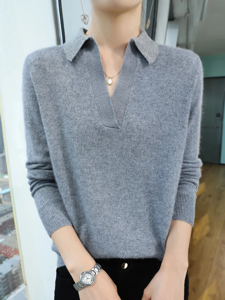 

Women Polo V-neck Pullover Cashmere Sweater Autumn Winter Soft Warm 70% Merino Wool 30% Goat Cashmre Knitwear Cozy Chic Clothing