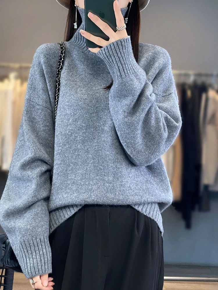 

Women Turtleneck Pullover 100% Merino Wool Sweater Long Sleeve Losse Casual Fashion Female Autumn Winter Knitwear Clothing Tops