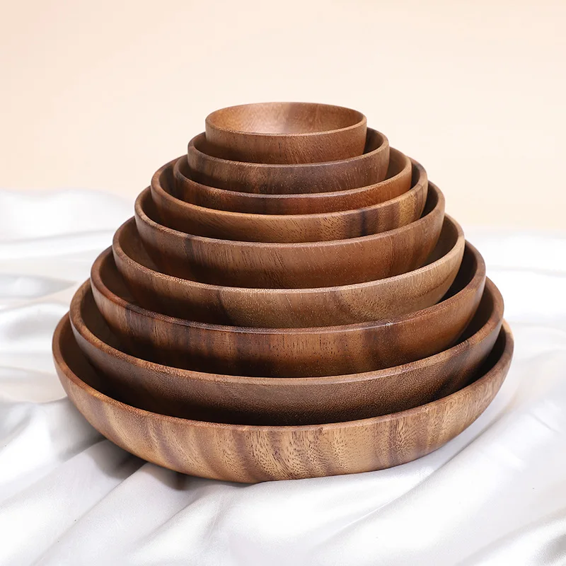 Acacia wooden bowl wooden tableware household and fruit plate salad bowl whole wooden soup bowl Wooden plate Food container