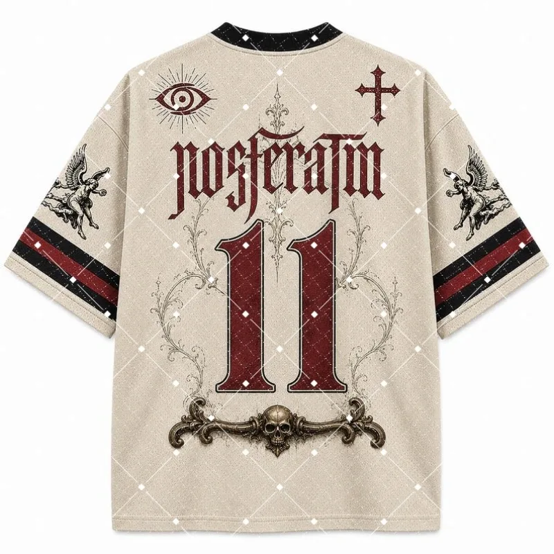 Nosferatu Vampire Gothic Print V‑Neck T‑Shirt Men Retro Horror Dark Cross Angel Short Sleeve Loose Streetwear Sport Tee view 2