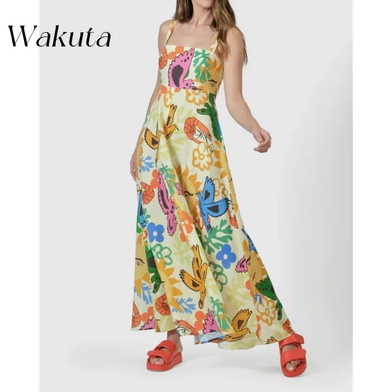 

WAKUTA Fashion Square Collar Hanging Strap Sleeveless Printed Evening Gowns Fairy Tale Slimming Animation Pattern A-LINE Dresses