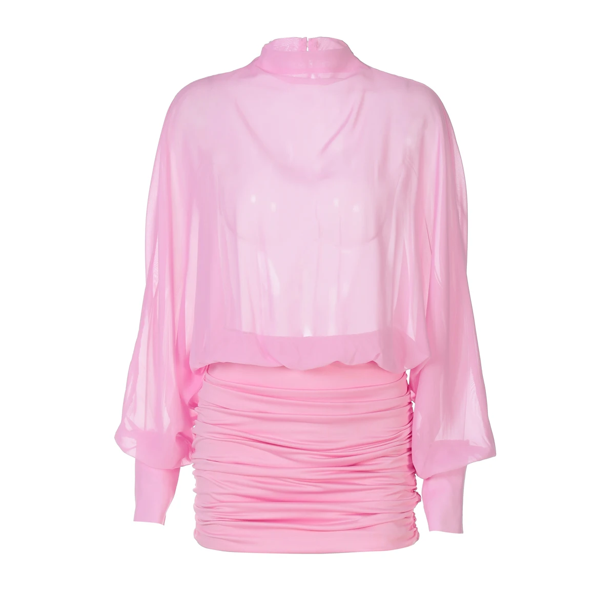 Women's Sexy Fashion Chiffon Perspective Splicing Wrinkled Long Sleeve Mini Bodycon Pleated Dress - Pink Color
