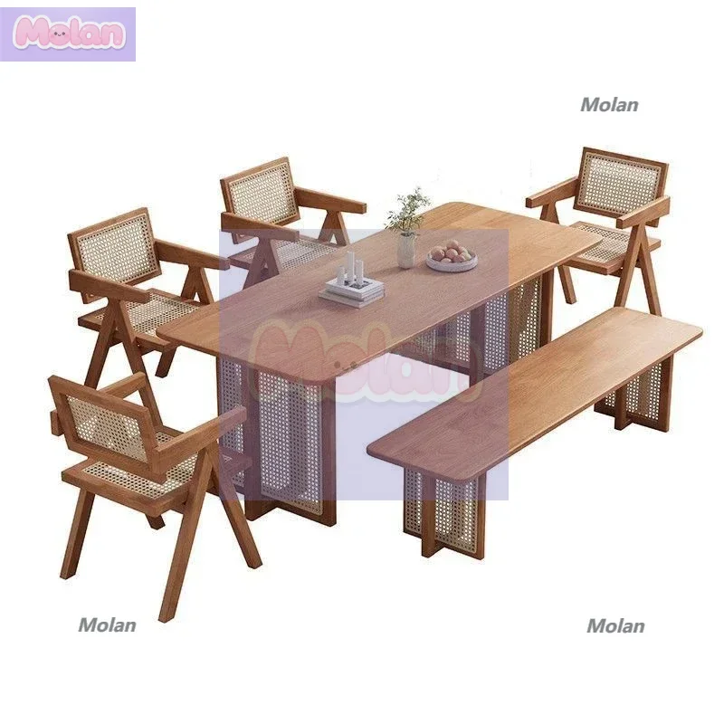 

solid wood dining table household small apartment rattan rectangular homestay Nordic dining table and chair set