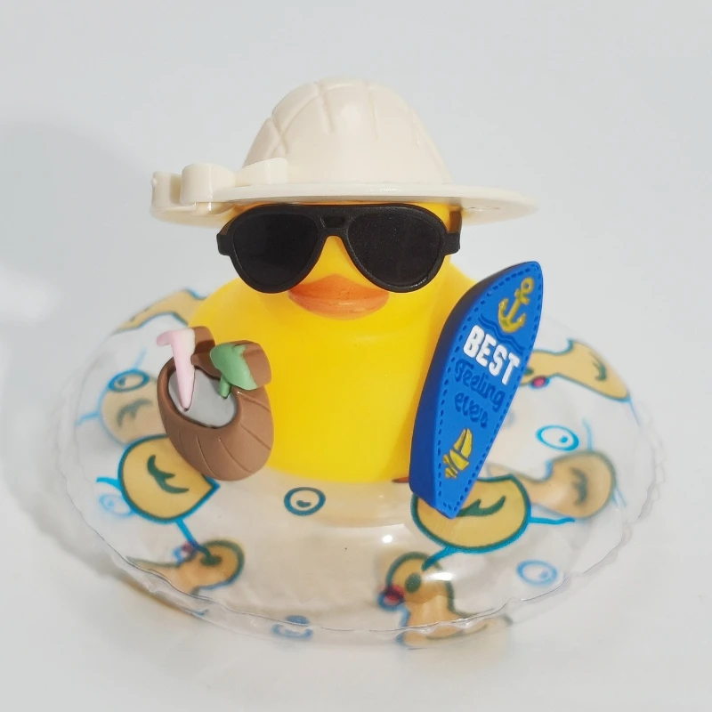 1Set Cute Squeeze Rubber Duck Car Dashboard Ornament Summer Little Yellow Duck With Coconut Hat Skateboard Auto Interior Decor