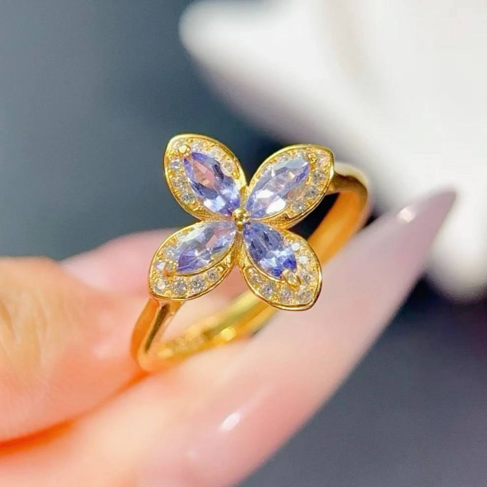 

Natural Tanzanite Ring with Certificate 2.5x5mm Genuine Tanznaite Jewelry 925 Silver Floral Shape Ring for Women