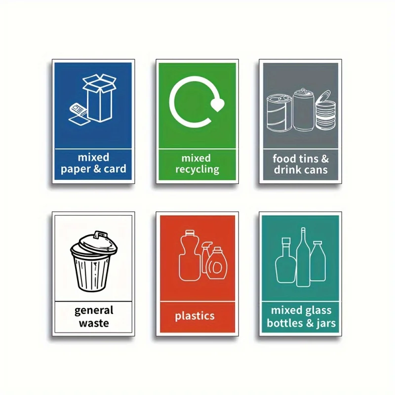 6 Packaged Recycling Trash Bin Stickers - Self-Adhesive、Waterproof Vinyl Labels