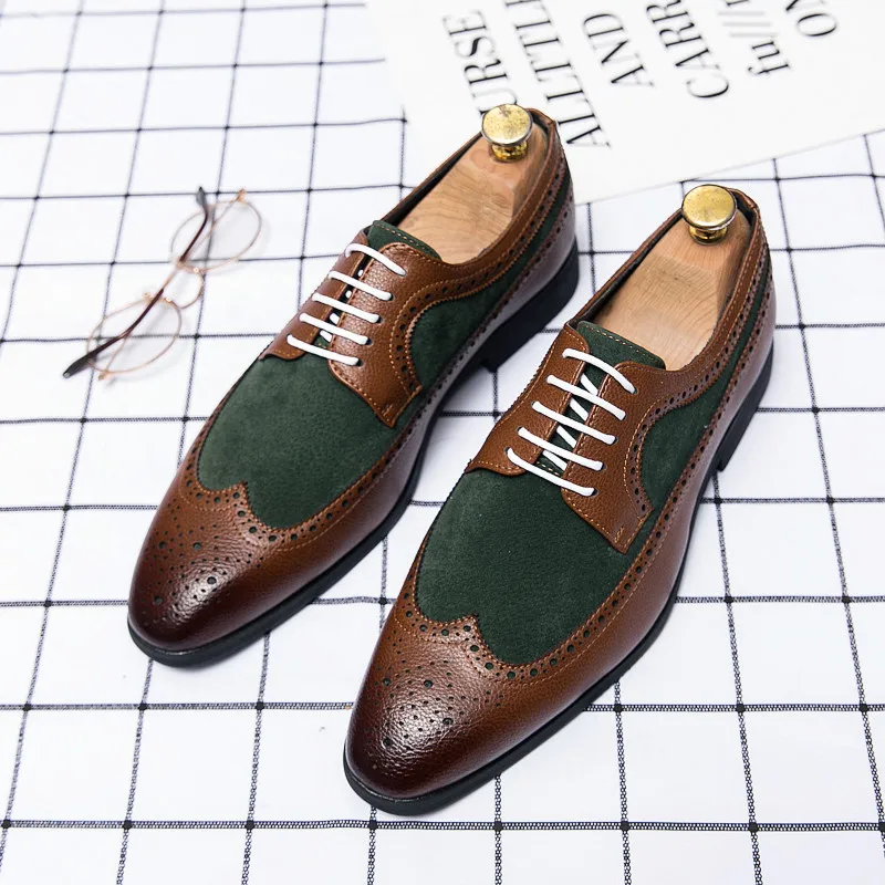 British Men's Trendy Shoes Splicing Fashion Men's Block Shoes High-end Banquet Business Dress Shoes Pointed Toe Big Size：38-48