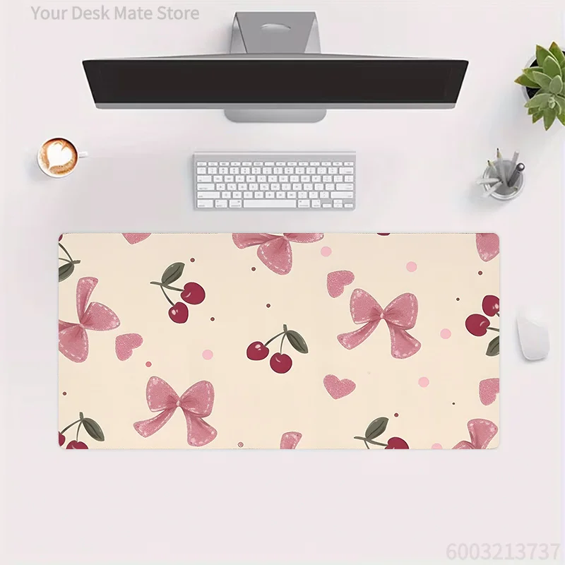 Sweet Coquette Style Large Mat Cute Heart Cherry Bow Fruit Pattern Mouse Pad Anti‑Slip Rubber Base Keyboard Mat for Office Decor