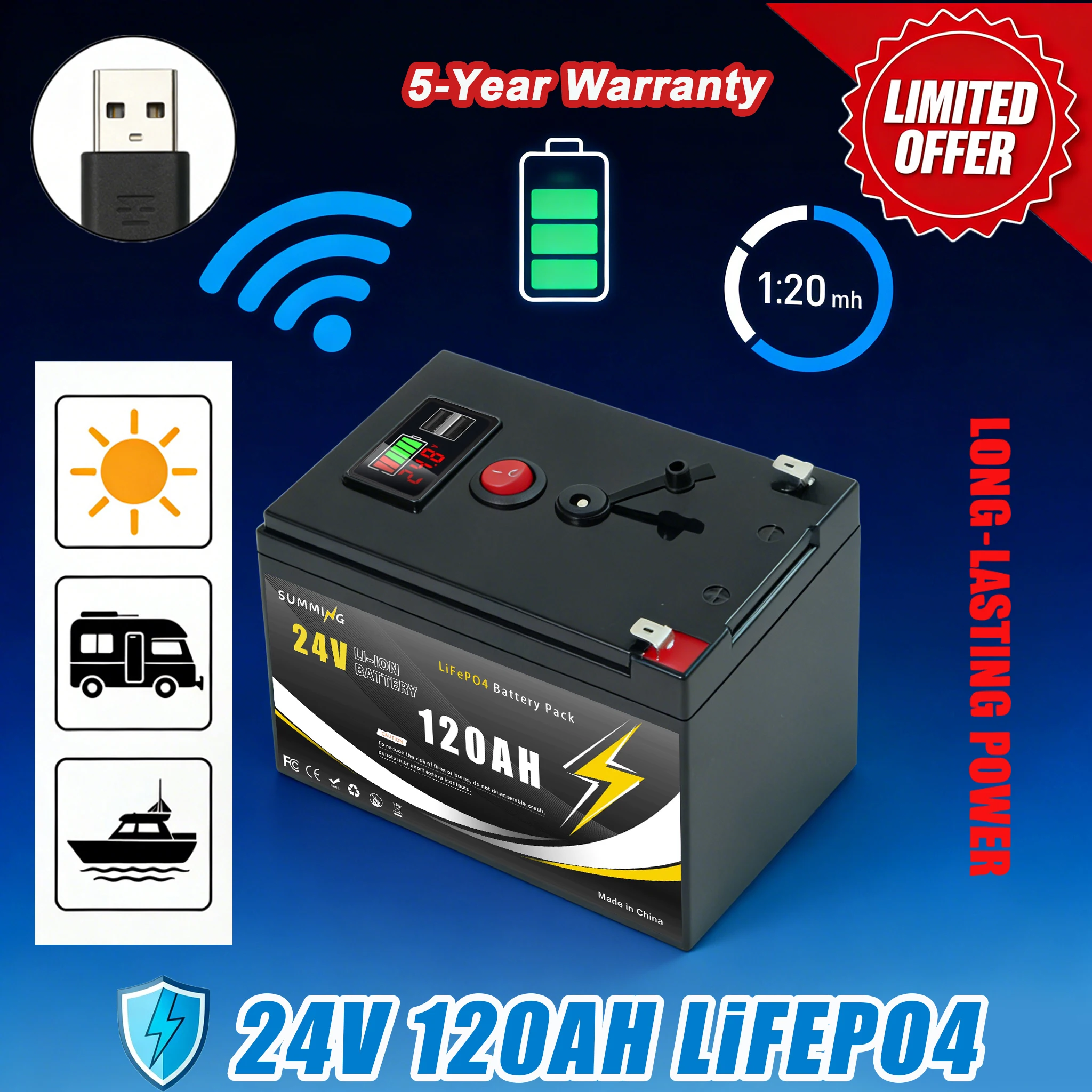 

Heavy-Duty Lithium Battery 24V 120Ah️LiFePO4 Battery, Engineered for Solar Battery Trolling Motors, RVs, and SolarSetups