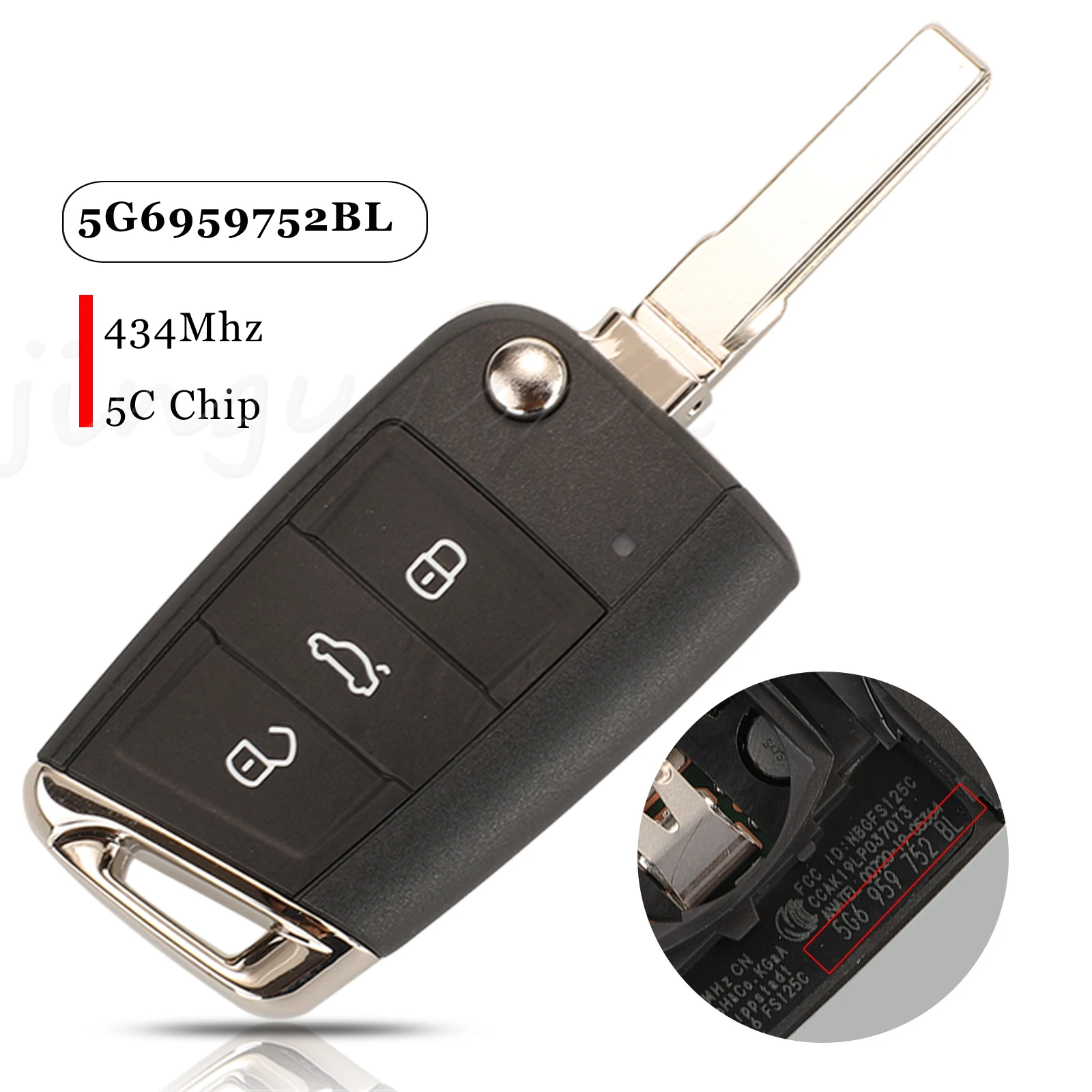 

jingyuqin 5pcs For VW Seat Golf7 Touran Polo Tiguan 3 Buttons Keyless-Go Remote Car Key Fob 434Mhz 5C Chip 5G6959752BL