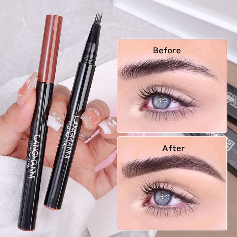 Waterproof Lasting Liquid Eyebrow Tattoo Pencil Microblading 4 Forks Eyebrow Pen Dark Brown Ultra-fine Brow Enhancers Cosmetics