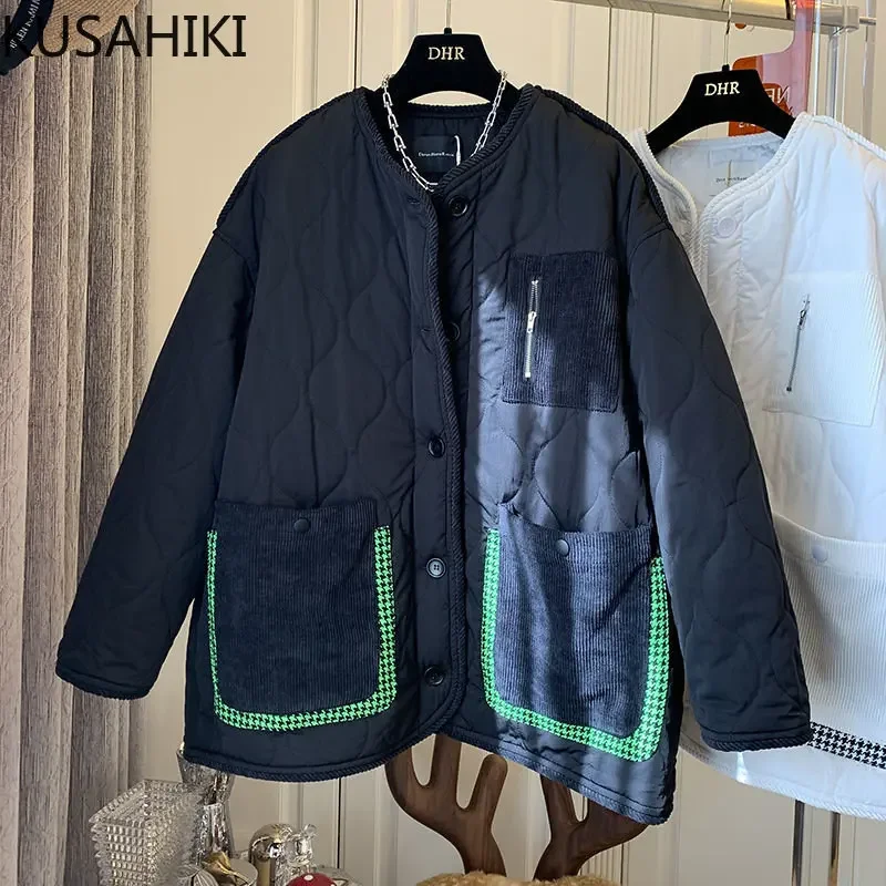 KUSAHIKI Vintage Bird ตาข่าย Corduroy Patchwork Parka Coat ผู้หญิงเกาหลีฤดูหนาว Causal กระเป๋าแขนยาวเดี่ยว Parkas