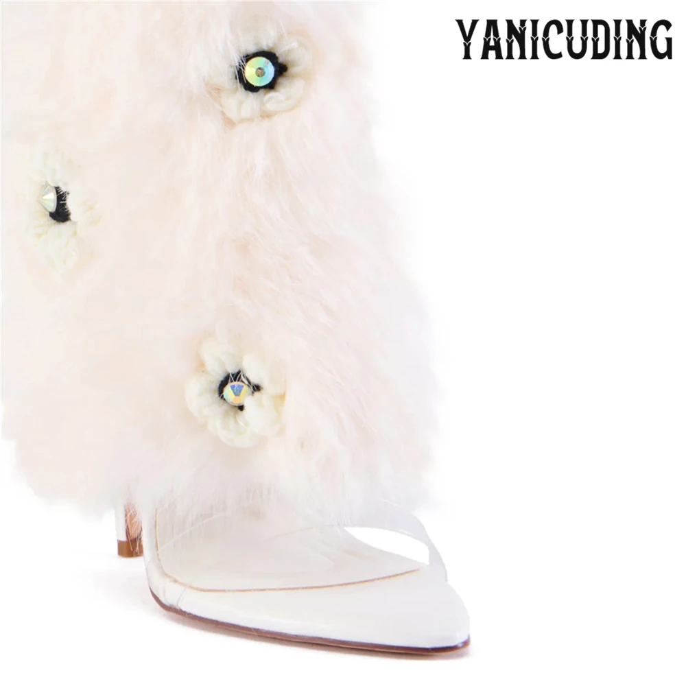 Faux Fur Sandal Booties Pvc Foot Strap Pointed Summer Boots Sexy Style Stiletto Heel Boots Plush Flower Embellished Ankle Boots