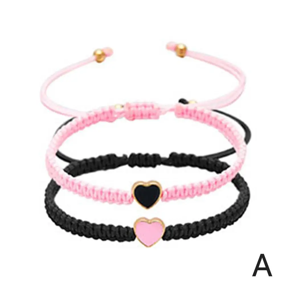 2Pcs Woven Bracelet Heart Love Couple Braided Bracelet Black White Heart-Shaped Beaded Personalized Jewelry Accessories