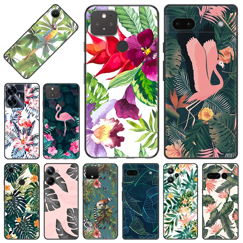 Phone Case for Pixel 8 Pro 8a 7a 6a 7 6 Moto G200 Edge 40 30 20 One Fusion Tropical Plants Leaves Flamingo Black Anti-Drop Cover