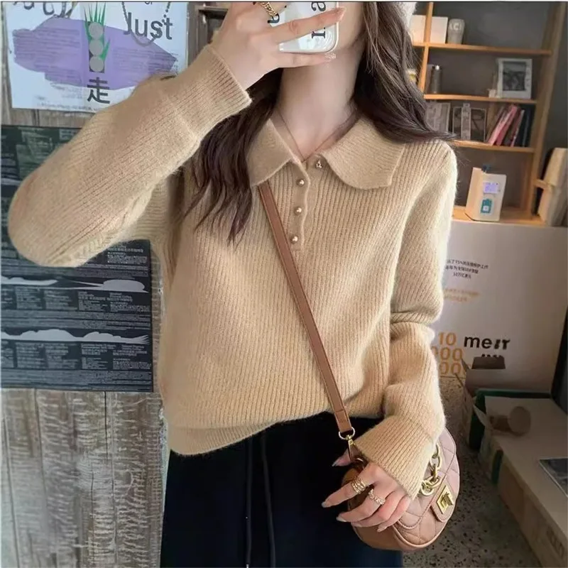 Women's Autumn/Winter Top Pullover Sweater Polo Solid Color Buttons Retro Simple Comfortable Casual Soft Niche Versatile Skinny