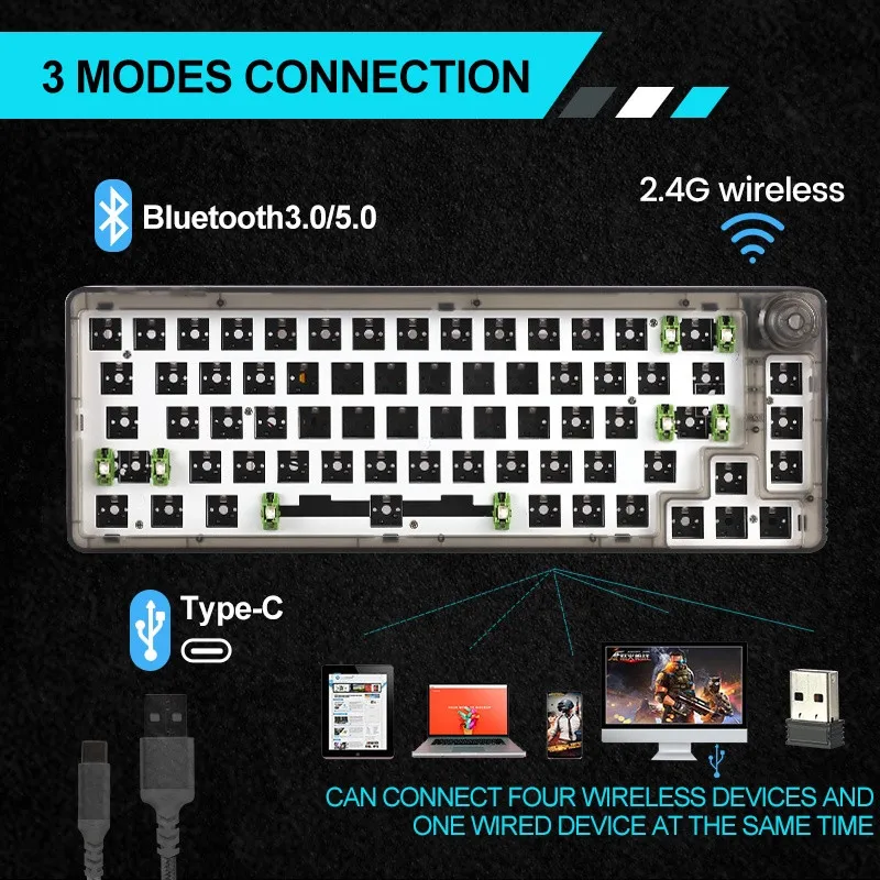 Teclado Mecânico TM680, Kit DIY, Hotswap, 3 Modos, Bluetooth, Com Fio, 2.4g, Luz RGB Sem Fio, Compatível com Cherry MX