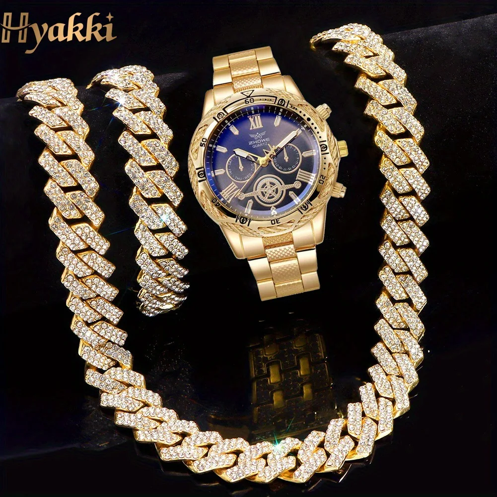 

Men's quartz watch and frozen Cuban chain necklace set, 3-piece set, fashionable business watch, father plot gift