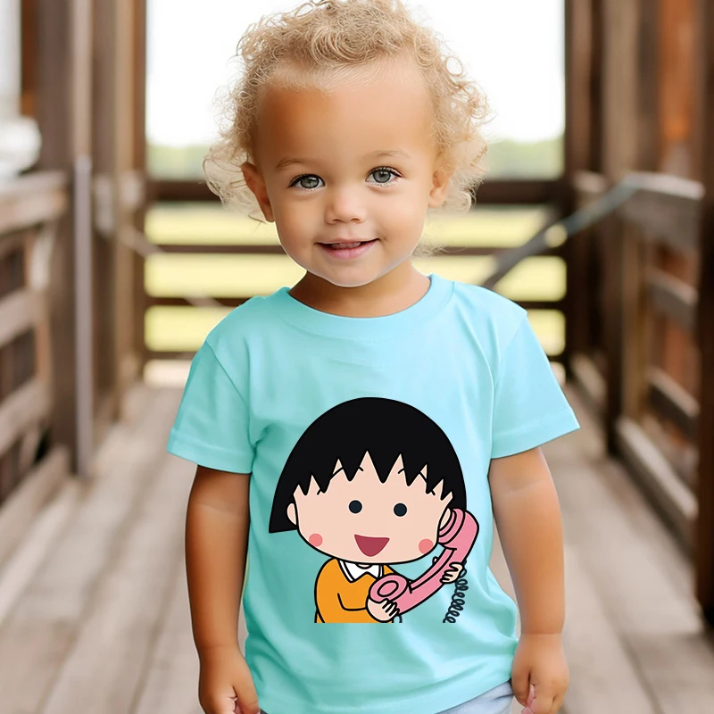 Chibi maruko-chan impresso t-shirt de algodão para crianças, manga curta, adequado para meninos e meninas, casual, azul, verão