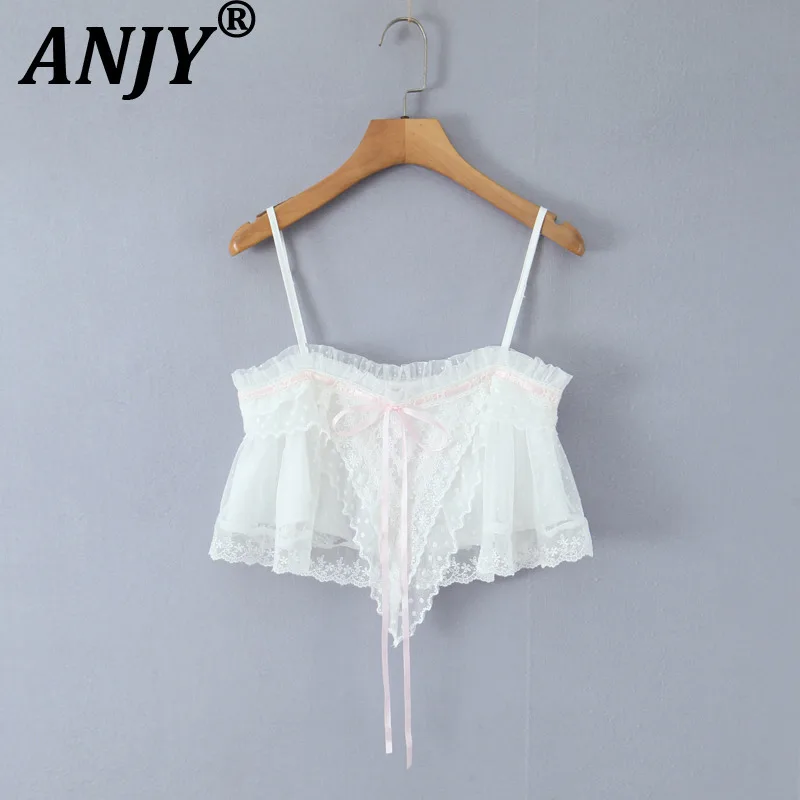 

ANJY Summer New Women Trendy Hot Girl Polka Dot Mesh Lace-Up Camisole French Style Fashion Sweet Bow Short Sleeveless Top A19916