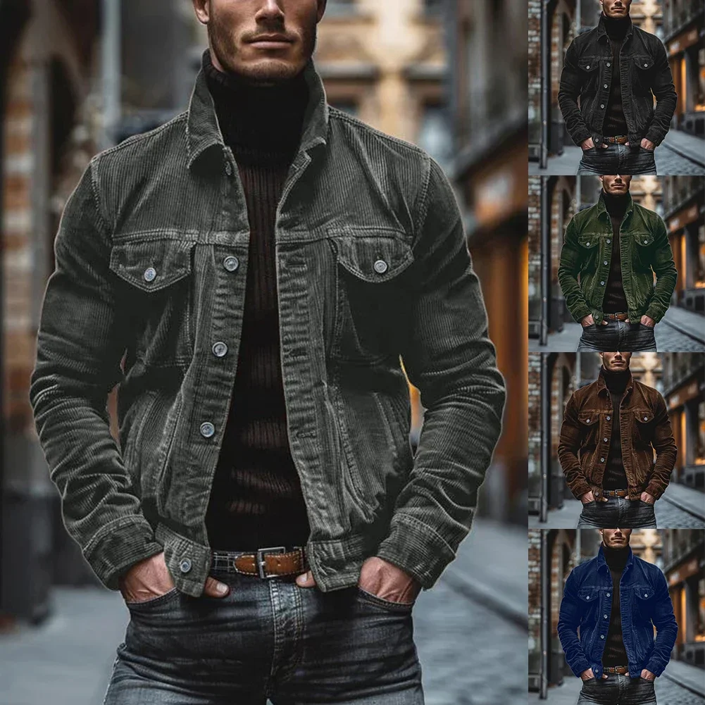 Casual Outing 2XL Mens Corduroy Jacket Button Up Lapel Coat For Men Casual Coat Button Up Style Polyester Fabric