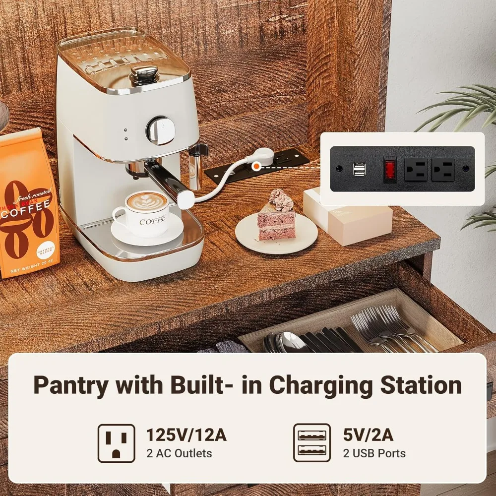 71-hoher Küchen-Speisekasten mit Ladestation und LED-Leuchten, Bauernhaus-Küchenschrank mit Mikrowellenständer