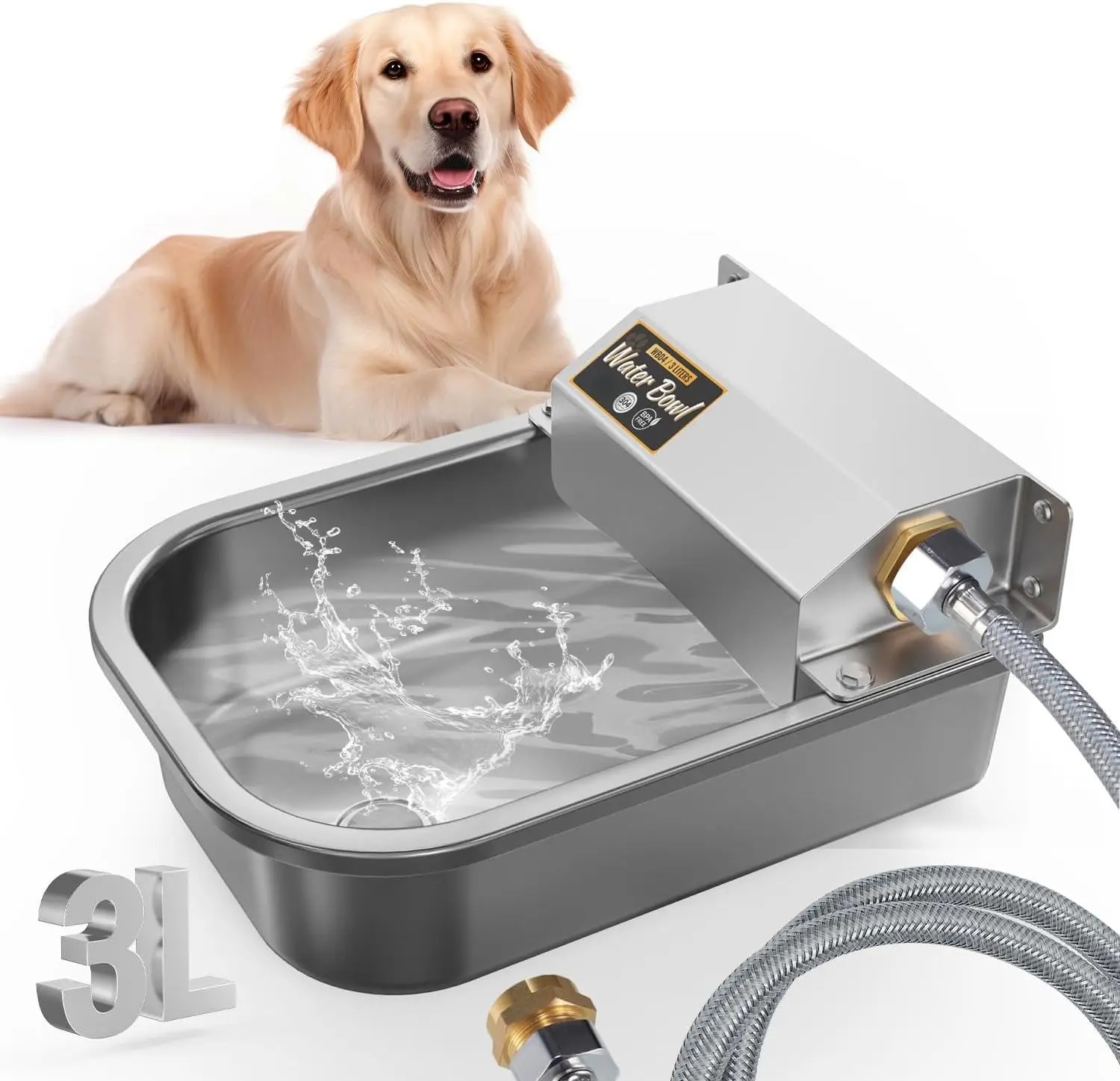 

Automatic Dog Water Dispenser, 3L Stainless Steel, Wall-Mounted, Fits 3/4'' GHT Faucet, Easy Clean