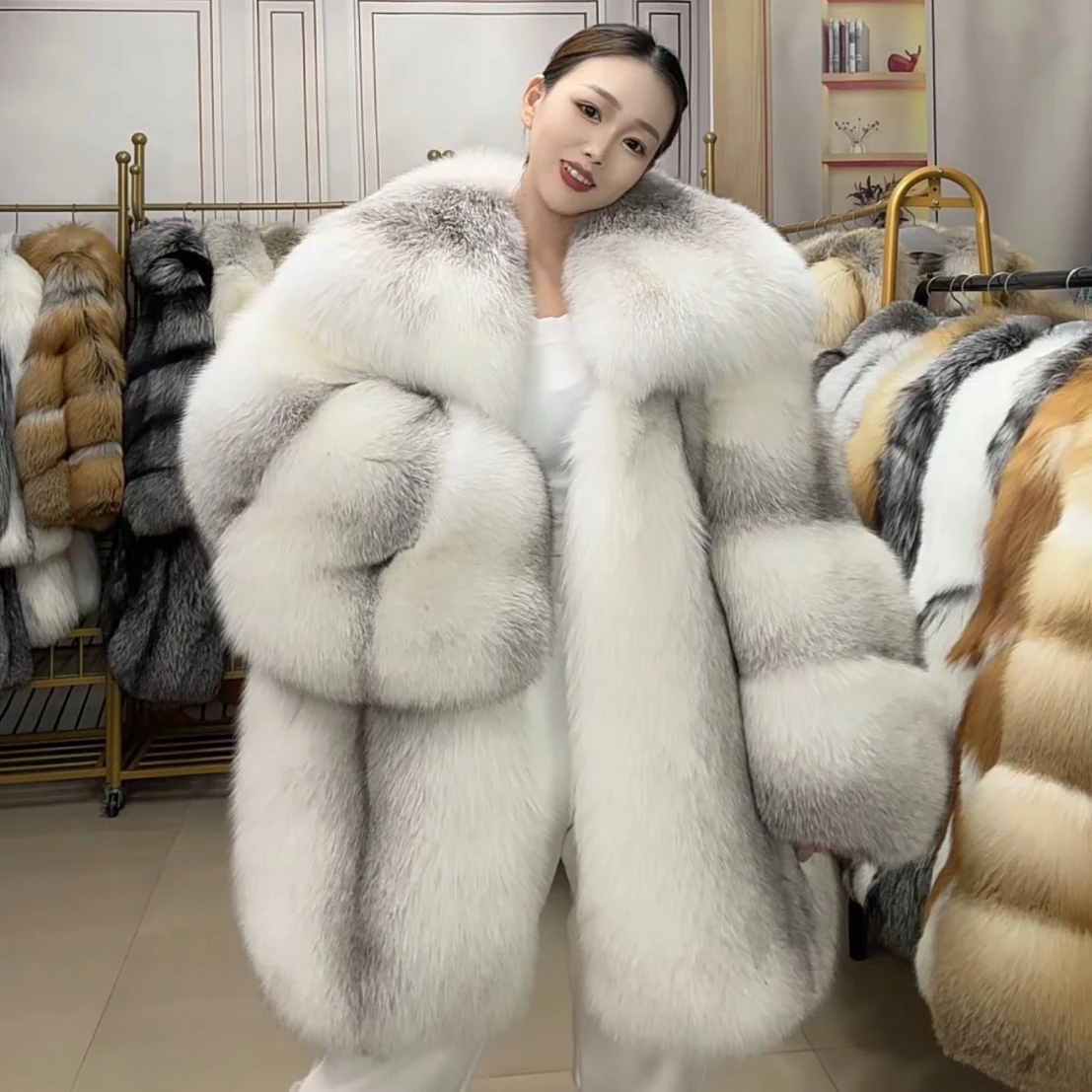 2025New Winter Luxury Warm Finnish Fox Fur Grass Coat Women's Jacket Full Leather Medium Long Fashion Plus Size RealFox Fur Coat