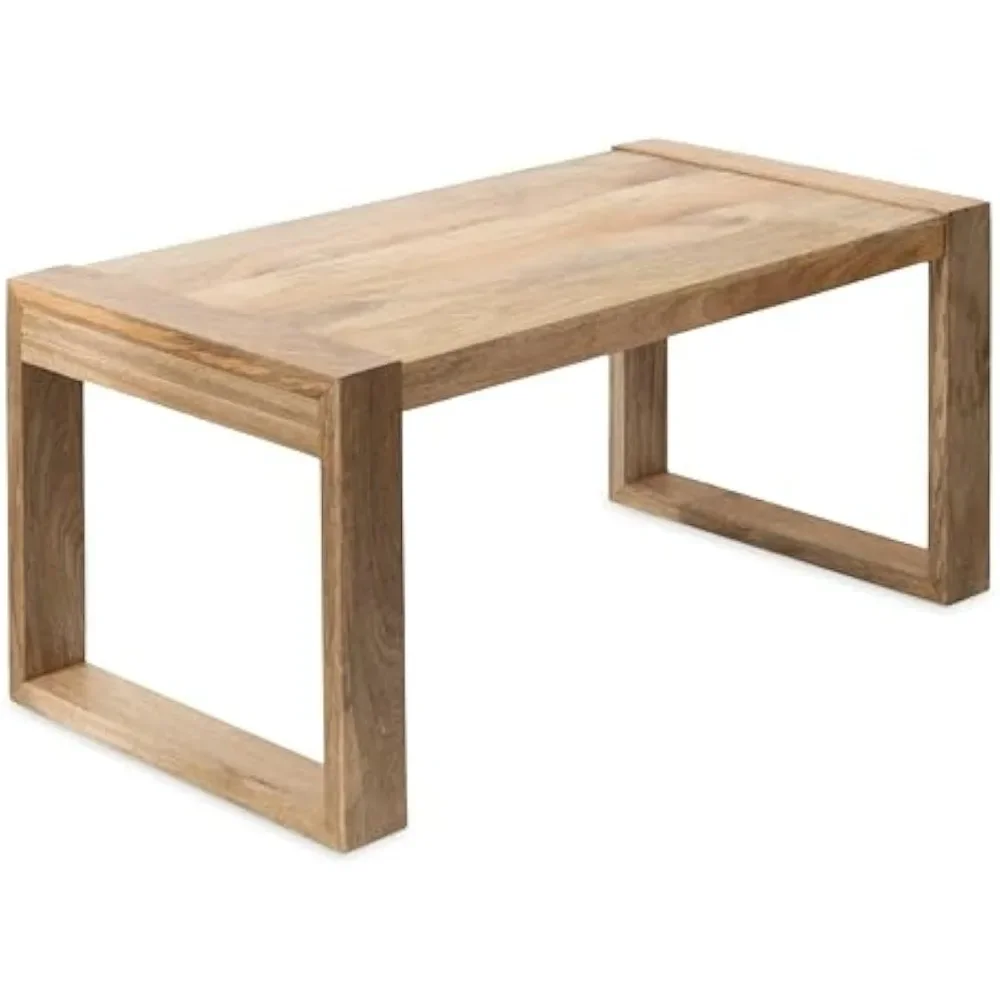 Geometrischer rechteckiger Couch tisch mit klobigem Design aus massivem Mango holz und Holzplatte, 36x20x18, natürlicher Beistell tisch