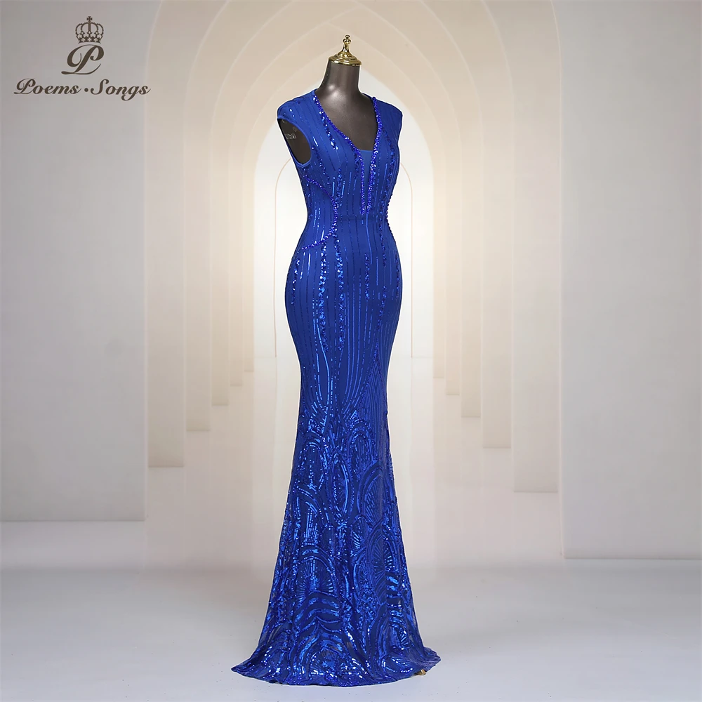 Royal Blue Sequins Long Mermaid Evening Dress With Capped Sleeves Deep_V Neck Women Trumpet Prom Dresses Party Formal Gown