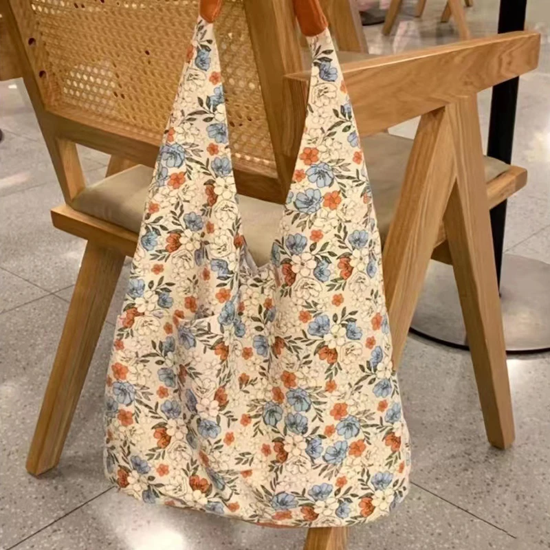 MUNIBag-Sac à main en toile de grande capacité pour femme, sac à lunch rétro, sac à main initié coréen, fourre-tout mignon, nouvelle tendance, fleur, E27, 2024