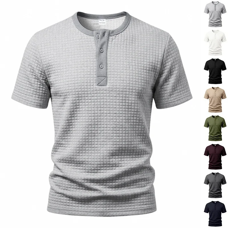 Men's Summer Heavyweight Checkered Jacquard Retro Sports-Casual Loose-Fit Henley Short-Sleeve T-Shirt