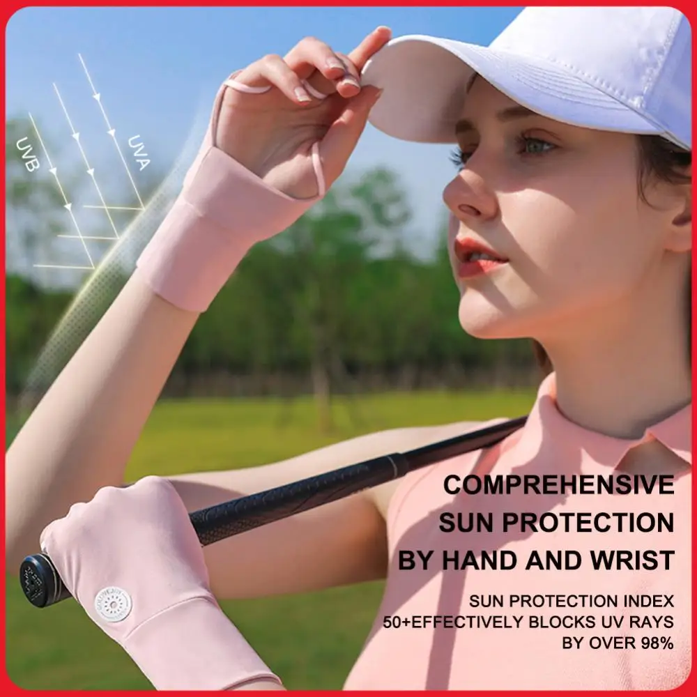 

Women Sun Protector Gloves Cool Breathable Sun UV Protector Golf Glove Ice Silk Hollow Palm Elastic Left & Right Hand