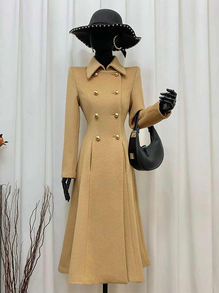 

Pigno Camel Color Stand Collar Woolen Long Coat A-Line Swing Street Sle Thiened Winter Outerwear for Women