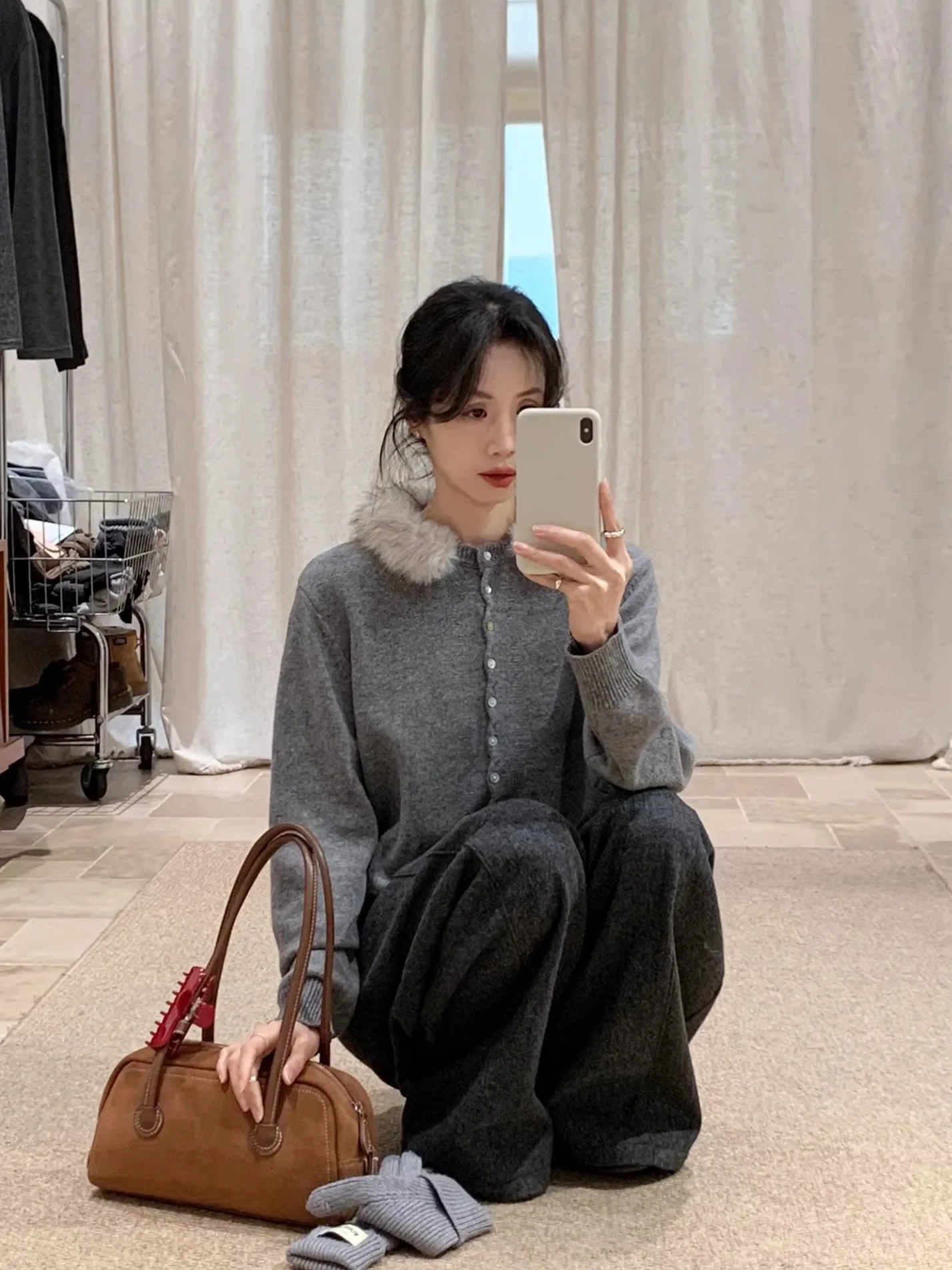 

BRIVIN Women's mid ey Wool Collar Patchwork Knitwear Spring 2026 Long Sve Button up Cardigan Full Wool Design Sensation