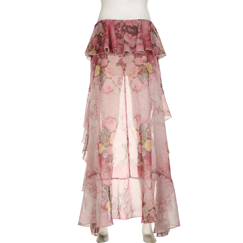 SUCHCUTE Y2K Vacation Floral Printed Long Skirts Holiday Beach Sexy Low Waist Aesthetics Lace Skirt Women Grunge Party Outfits image 6