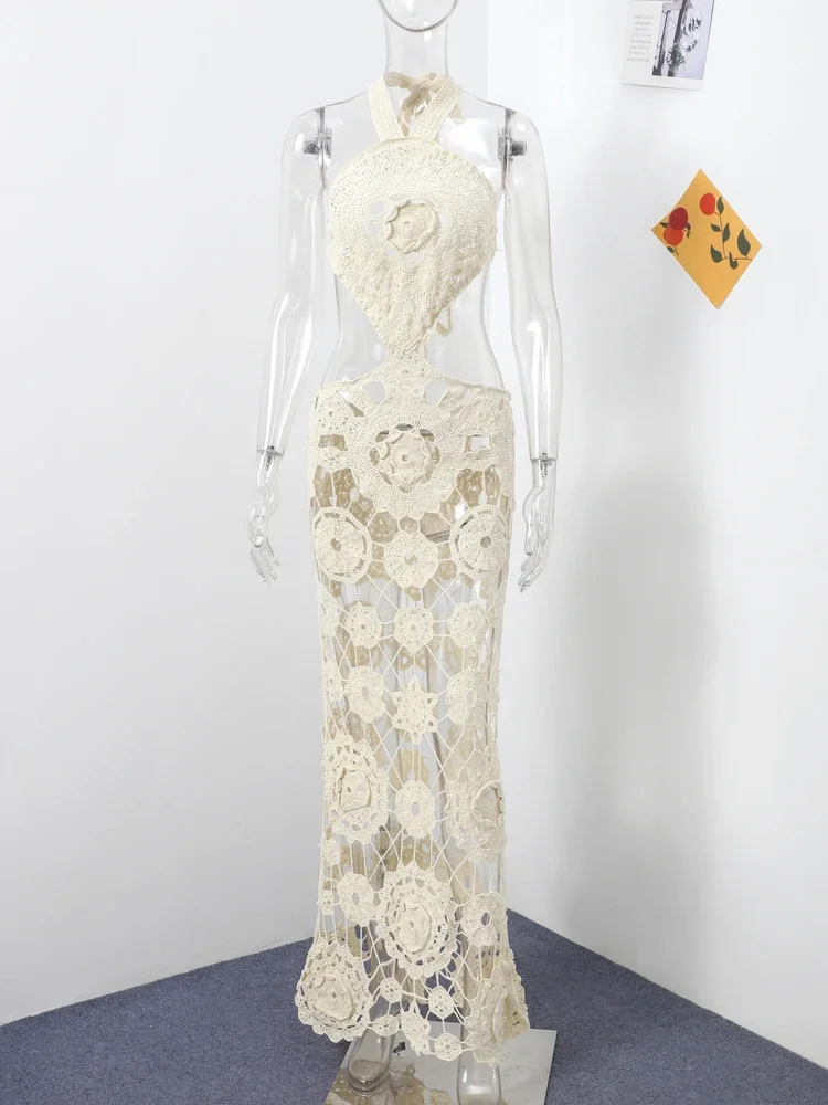 Vestido largo de punto con flores y gancho para mujer, vestido largo Sexy con cuello Halter, sin mangas y espalda descub
