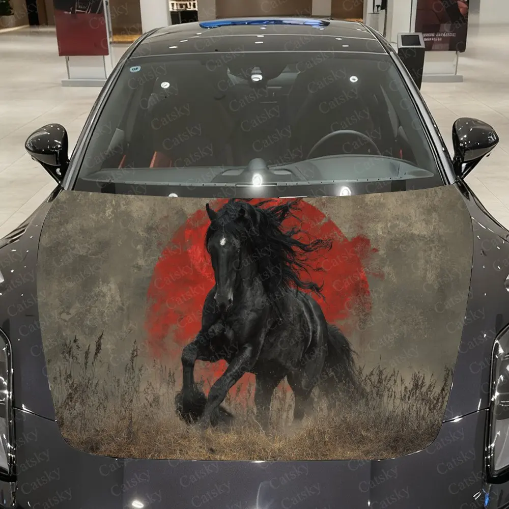 Autumn Red Moon Galloping Horse Car Vinyl Wrap, PVC Waterproof Car Hood Sticker, Self-Adhesive Scratch-Resistant Stickers